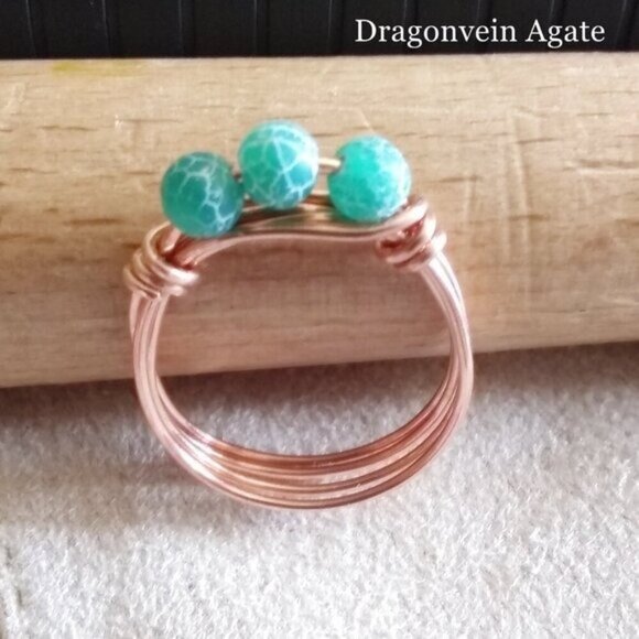 Kelly Green! Slim Dragonvein Agate Beaded Handmade Ring - Sturdy Every Day Wear - Picture 1 of 5